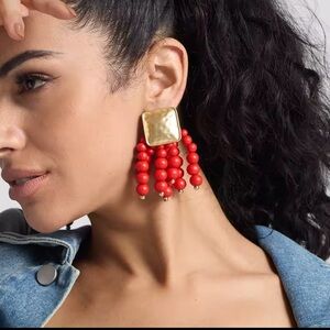 Haute Couture Red Beaded Cascade Earrings – Luxury Gold Sculpted Top